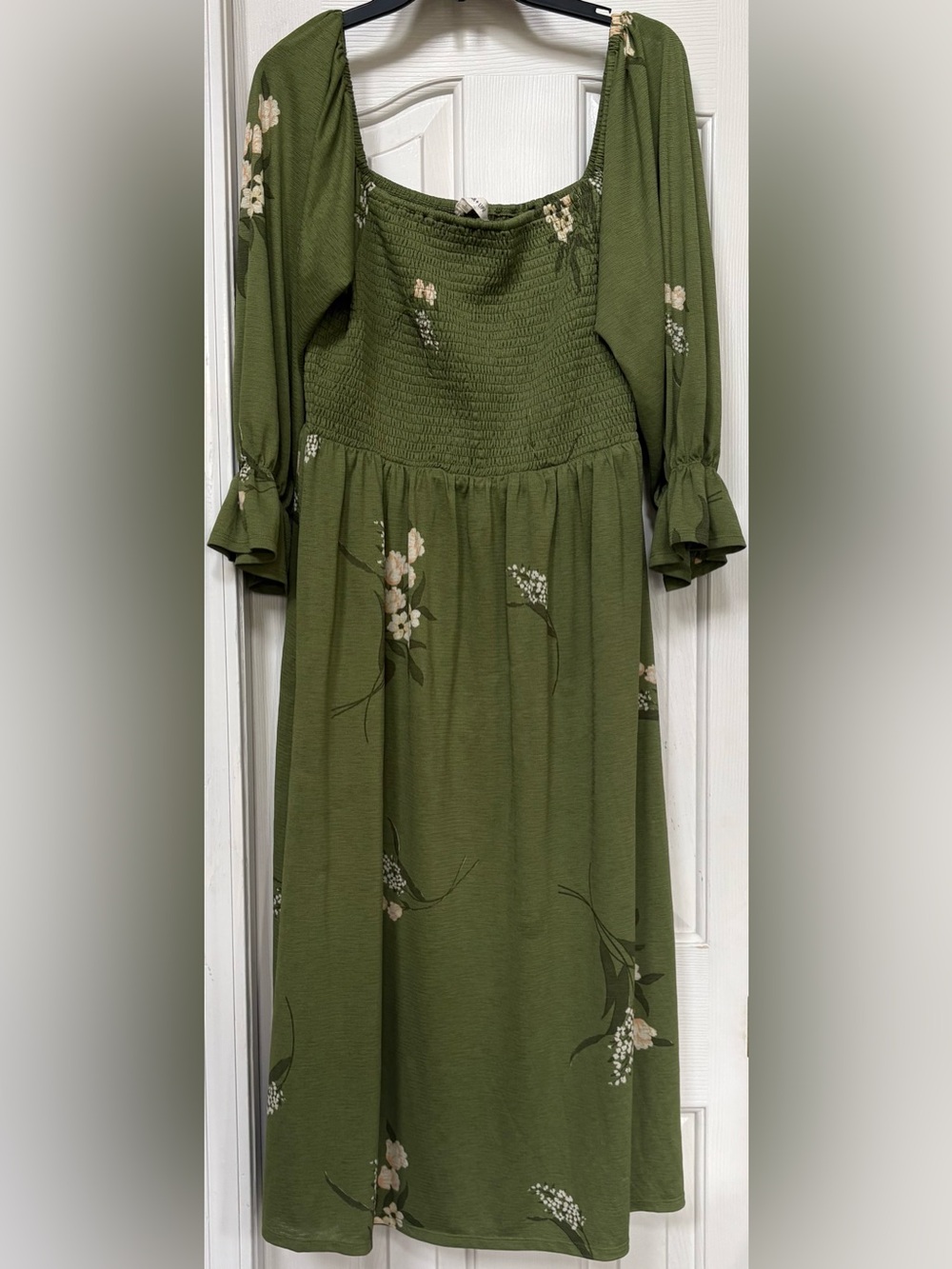 Sugar Lips Green Smocked Floral Cottagecore Midi Dress Puff Sleeve Square Neck